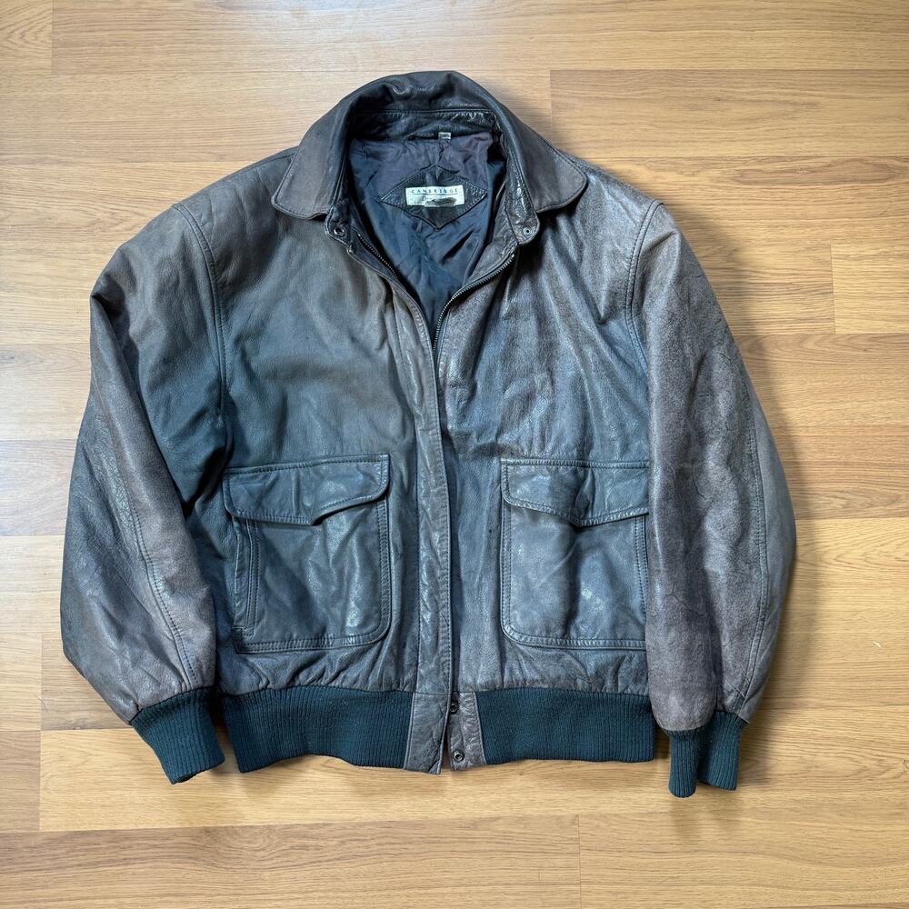 Men's Vintage Cambridge Dry Goods Gray Brown Leather Flight Bomber Jacket Sz M